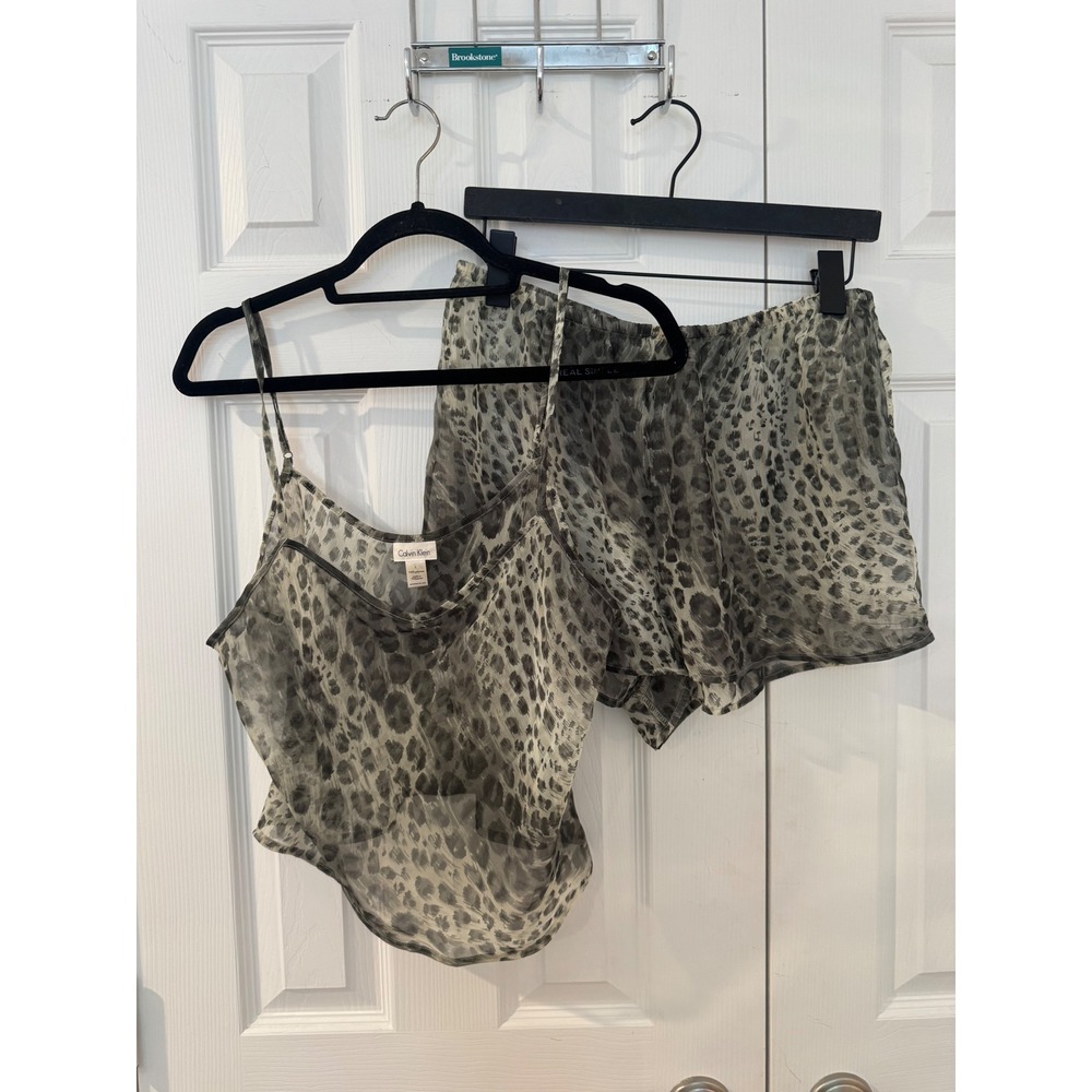Vintage 1999 Calvin Klein Leopard Print Sheer Pajama Set Cami Shorts Green Large